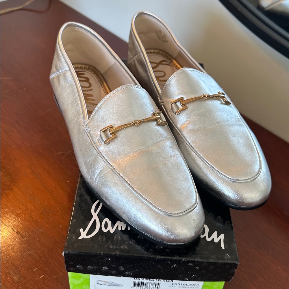 Sam Edelman Silver Metallic Leather Loafers with Gold Bit